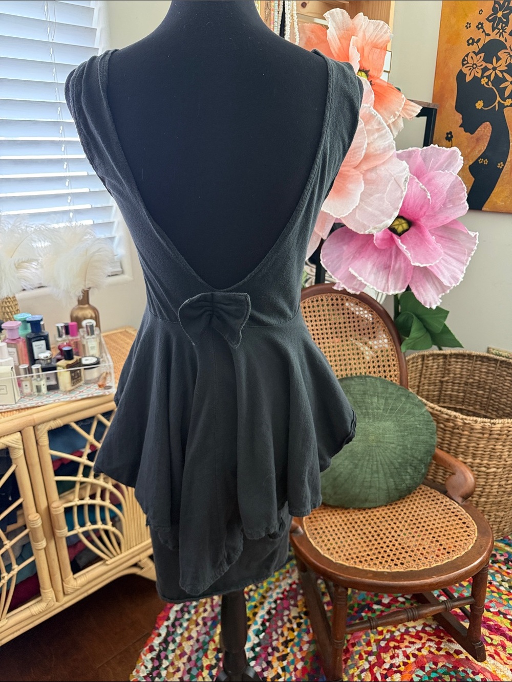 Vintage 80s/90s Made in France Wash Black Low Back Bow Peplum Ruffle Mini Dress